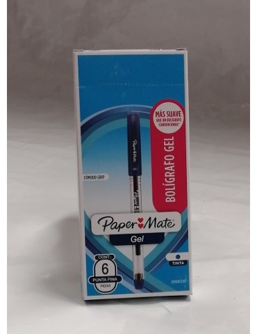 Caja X 6 Boligrafos Paper Mate Gel Punta Fina Con Grip Azul